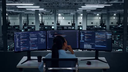 Asian Woman Developer Thinking Then Raising Index Finger While Write Code In Data Center
