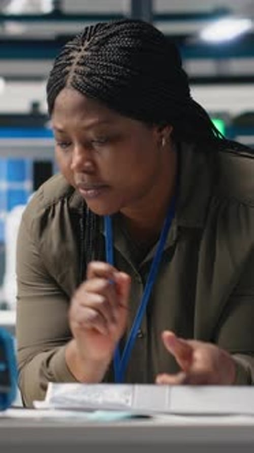Vertical Video Black Engineering Expert Checking Data on Papers at the Solar Energy Factory