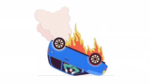 Overturned Burning Car Flat Design Animation