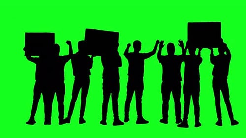 Group of protesters holding sign silhouette on green screen