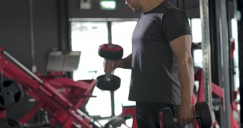 Sportsman doing exercise with dumbbells, strong male keeping fit workout on fitness gym.