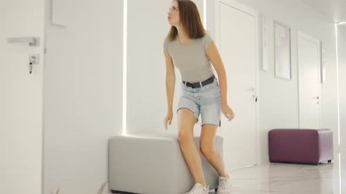 Patient Woman with Anxiety Waiting Outside Medical Room Doctor Comes Out to Share Positive Results