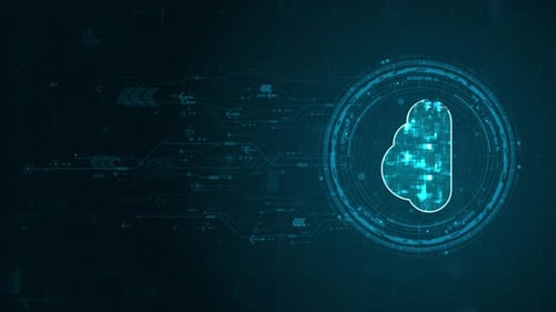 Blaues digitales Cloud-Computing-Logo und kreisförmige futuristische HUD-Elemente