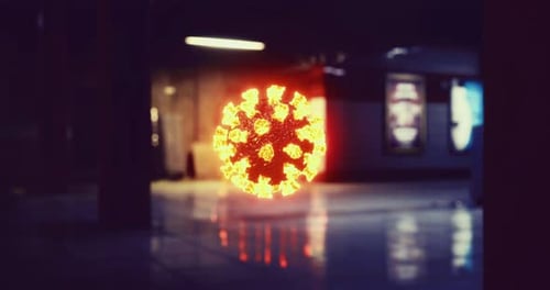 Virus Illustration Glows Vibrantly in Quiet Urban Subway Station at Night