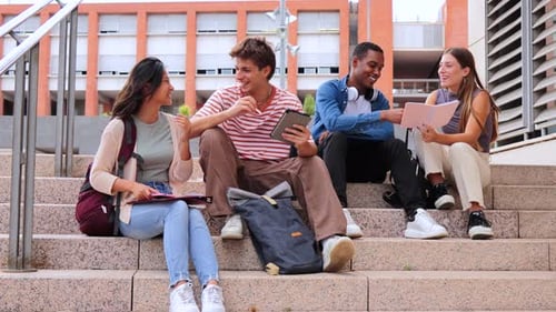 Multiracial Group of Students Sitting on the University Campus Staircase Talking and Studying a