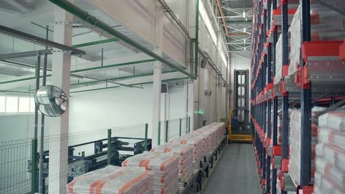 Sealed boxes in a huge warehouse with high ceilings and parcels