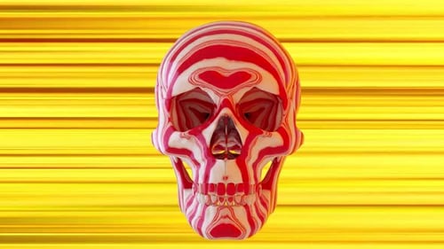 Candy striped skull animation with vibrant yellow background, spooky and playful