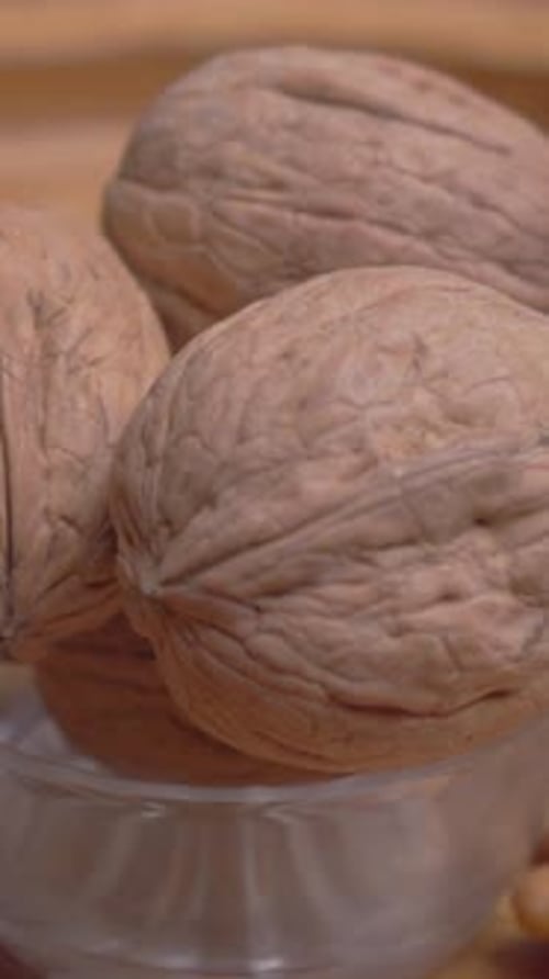 Close up of walnuts in a glass bowl