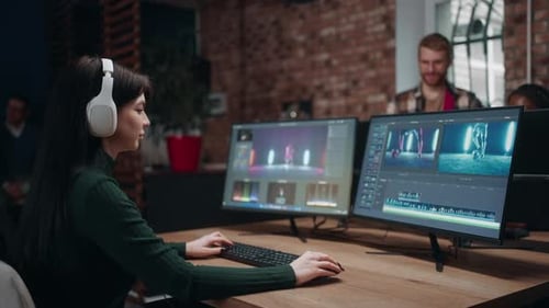 Multiethnisches Team professioneller Videoeditoren im Studio Woman, das Final Cut und das Sounddesign macht