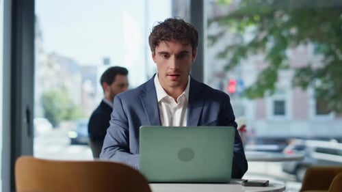 Happy Accountant Working Laptop Remotely Pondering Panoramic Restaurant Closeup