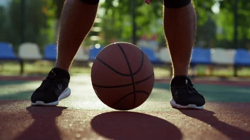 Closeup Unrecognizable Afro Man Practicing Street Basketball Outdoor. African American Male Hands