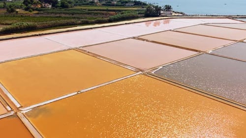 Colorful salt pans in Sicily - aerial drone view