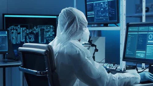 Microelectronics Engineer Works in a Modern Scientific Laboratory on Computing Systems and