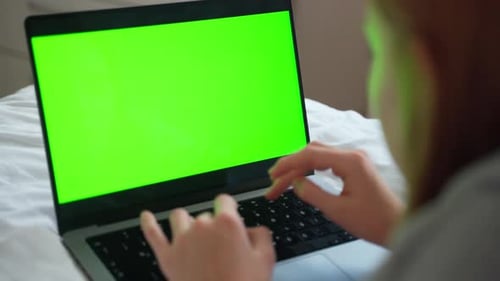 Close Up Smart Caucasian Teenage Girl Female Hands Using Laptop Green Blank Screen Chroma Key