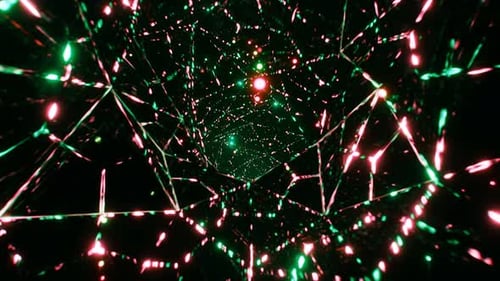 Rayos y partículas brillantes de neón en túneles de tecnología digital. Animación en bucle 3D
