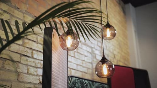 A Palm Tree Decorates the Ceiling Near a Brick Wall in the Building