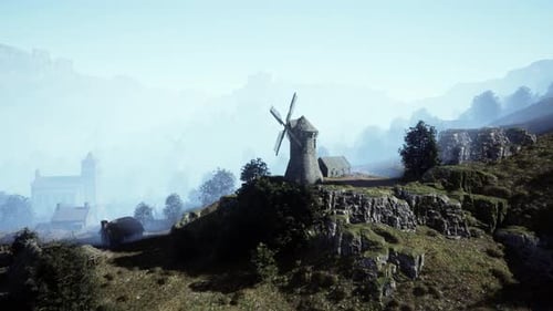 Countryside Landscape with Old Windmill Among Hills