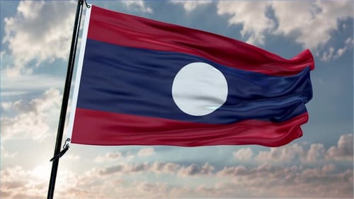 Realistic Laos Flag Waving in Wind Against Cloudy Sky