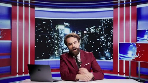 Man Giving News Broadcast in a Newsroom