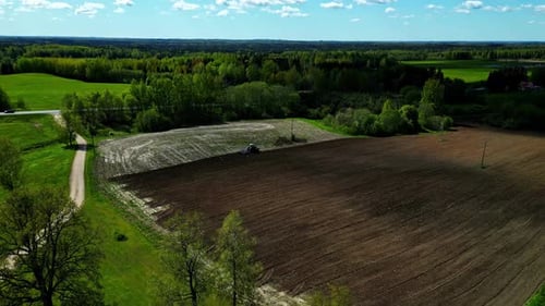 Agricultural field plough by industrial tractor, growth vegetation along rich forest