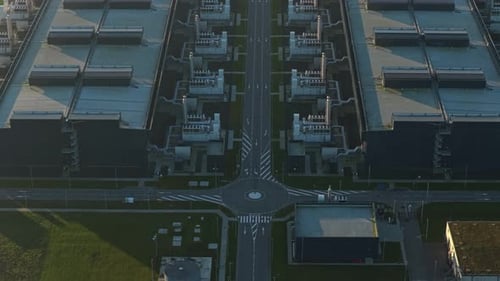 Aerial drone flying over data center hub infrastructure