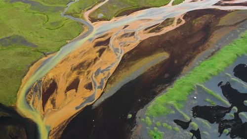 Aerial view of a river along the coast in Iceland.