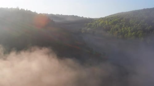 River at sunrise. Aerial drone view of the river flowing in the wild area in mountains during foggy