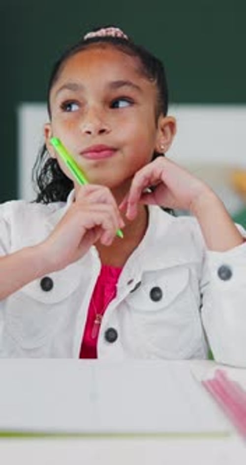Thinking, child and student with pen in bedroom for learning, problem solving and homework answer