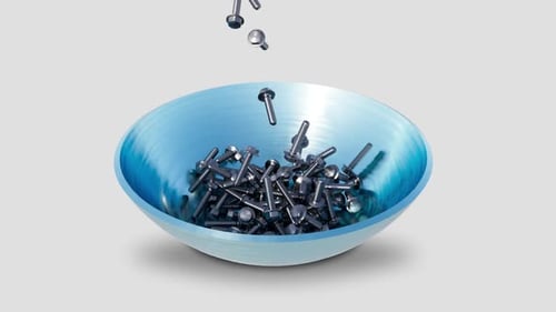 Metallic Fasteners Falling into a Light Blue Bowl Animation