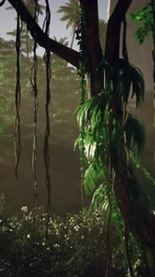 Lush Jungle Forest with Hanging Vines in a Vertical Shot