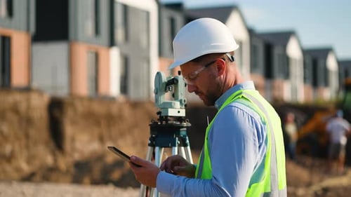 Surveyor Engineer Using Theodolite and Tablet on Construction Site