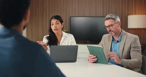 Interview, questions or people in office with tech, discussion or meeting in onboarding