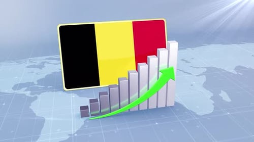 Belgium Flag With Increasing Bar Chart Graph And Arrow Green
