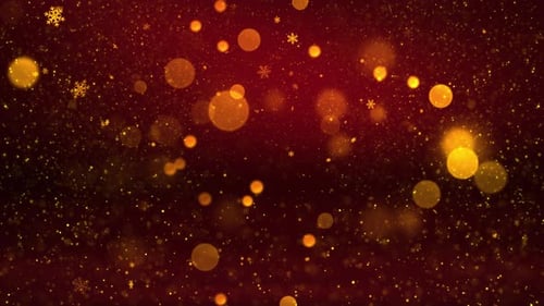 Festive Golden Bokeh Particles and Snowflakes on Red Background