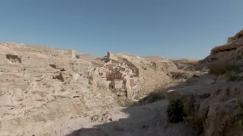 FPV Mar Saba Greek Orthodox Monastery in Israel Judaean Desert, Aerial view