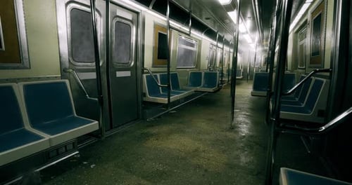 Compartiment de train souterrain vide avec des sièges abandonnés dans la pénombre
