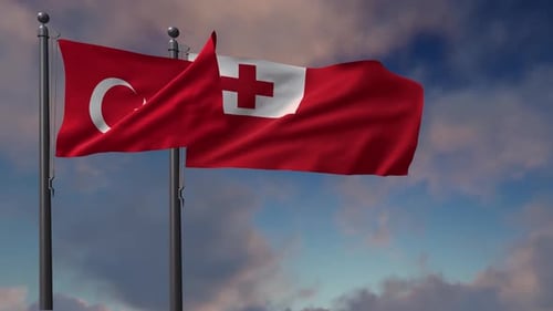 Turkey and Tonga Flags Waving in Realistic Wind Simulation