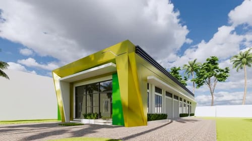 Diseño 3D de Edificio Comercial Moderno de Color Verde Lima en Llamativo, Ángulo de Entrada