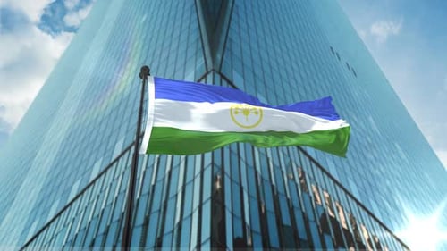 Realistic Flag Waving in Front of Modern Corporate Building