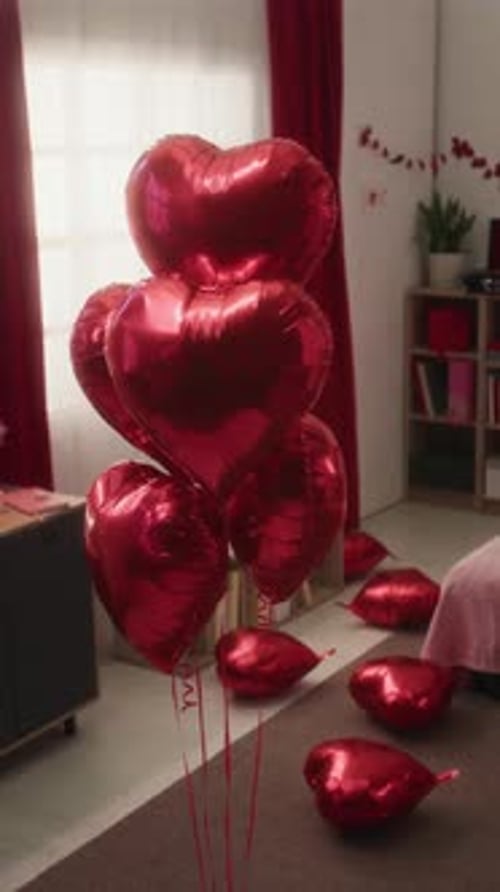 Bundle of Shiny Heart-Shaped Balloons in Bedroom Decorated for Romantic Date