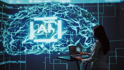 Woman Working with Artificial Intelligence Projection