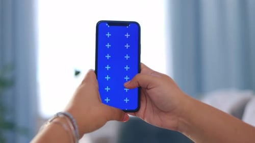 Tracking markers, green screen and phone with hands of woman for website, search and digital app