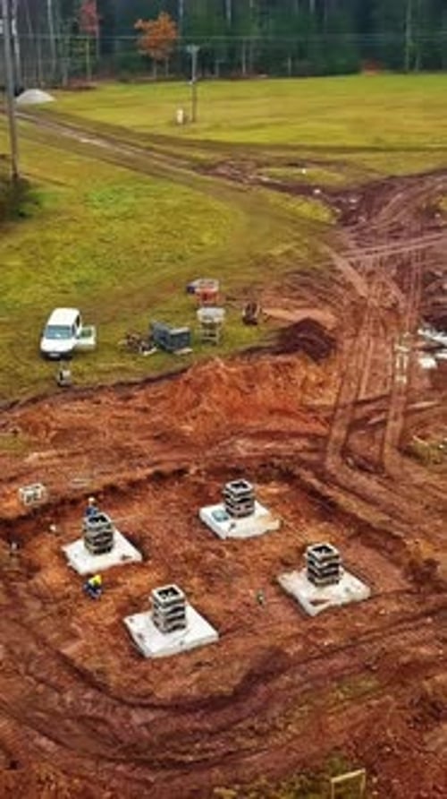 Trabajadores construyendo una base de pilares eléctricos, proyecto de infraestructura sostenible