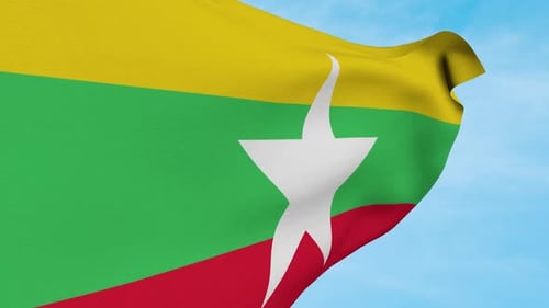 Realistic Myanmar National Flag Waving on Clear Blue Sky
