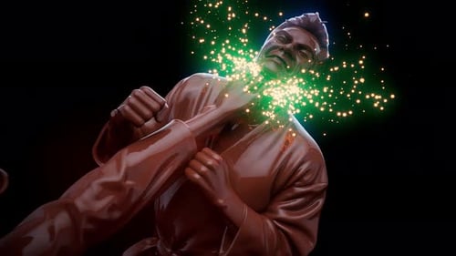 Animation 3D conceptuelle d'un karatéka donnant un coup de pied à la tête d'un autre karatéka