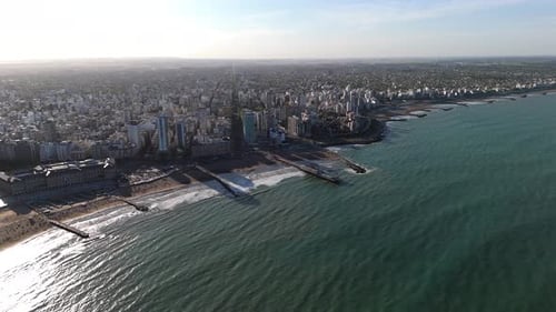 Aerial view of Mar del Plata skyline on shores of Atlantic Ocean. Argentina