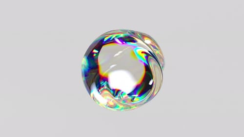 Transparent iridescent sphere with smooth surface ripples and dynamic light reflections.