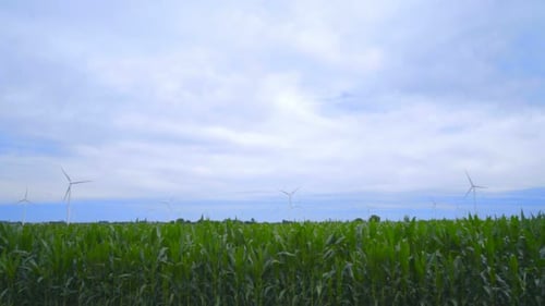 Wind Turbine Farm on Green Field. Wind Turbines Against Clouds Sky. Wind