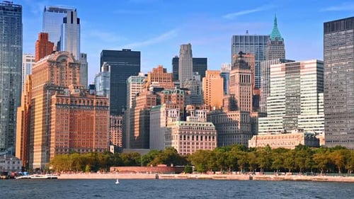 Gorgeous architecture of stunning New York, USA. Watching the Big Apple skyline from the riverboat.
