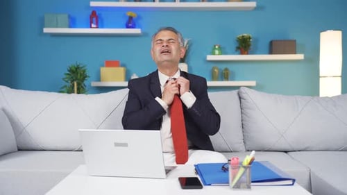 Home office worker man suffering from shortness of breath.